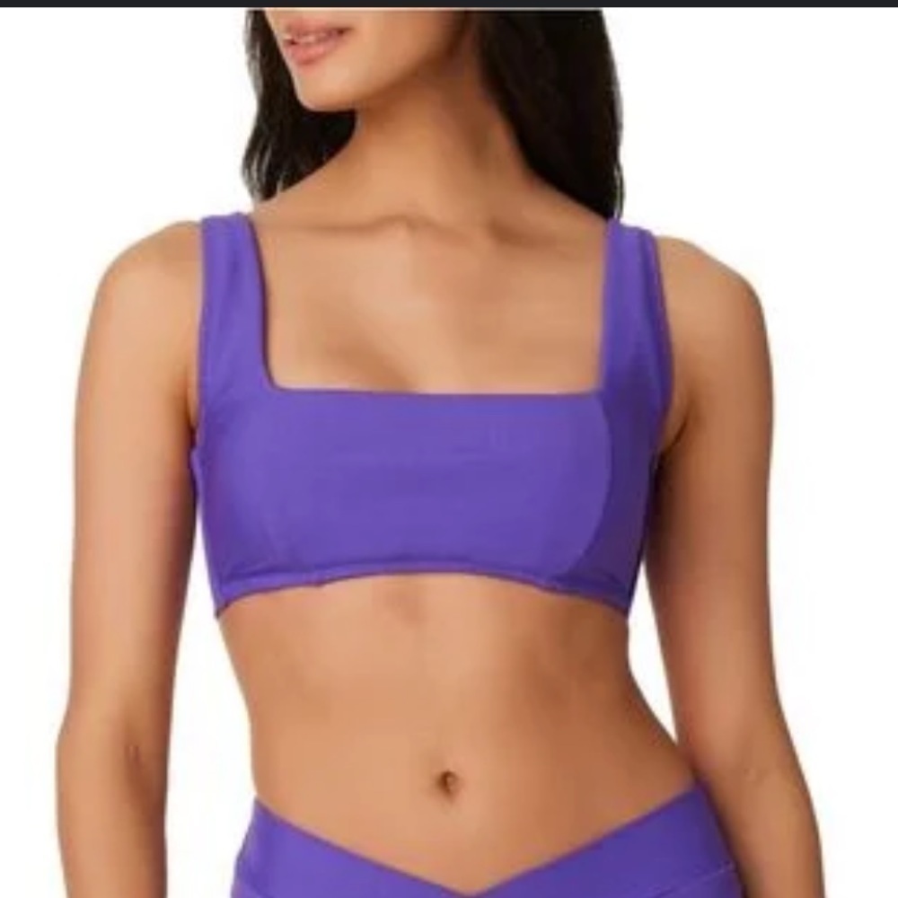 Bar III Micro Ribbed Hibiscus Tie Back Bikini Top Med